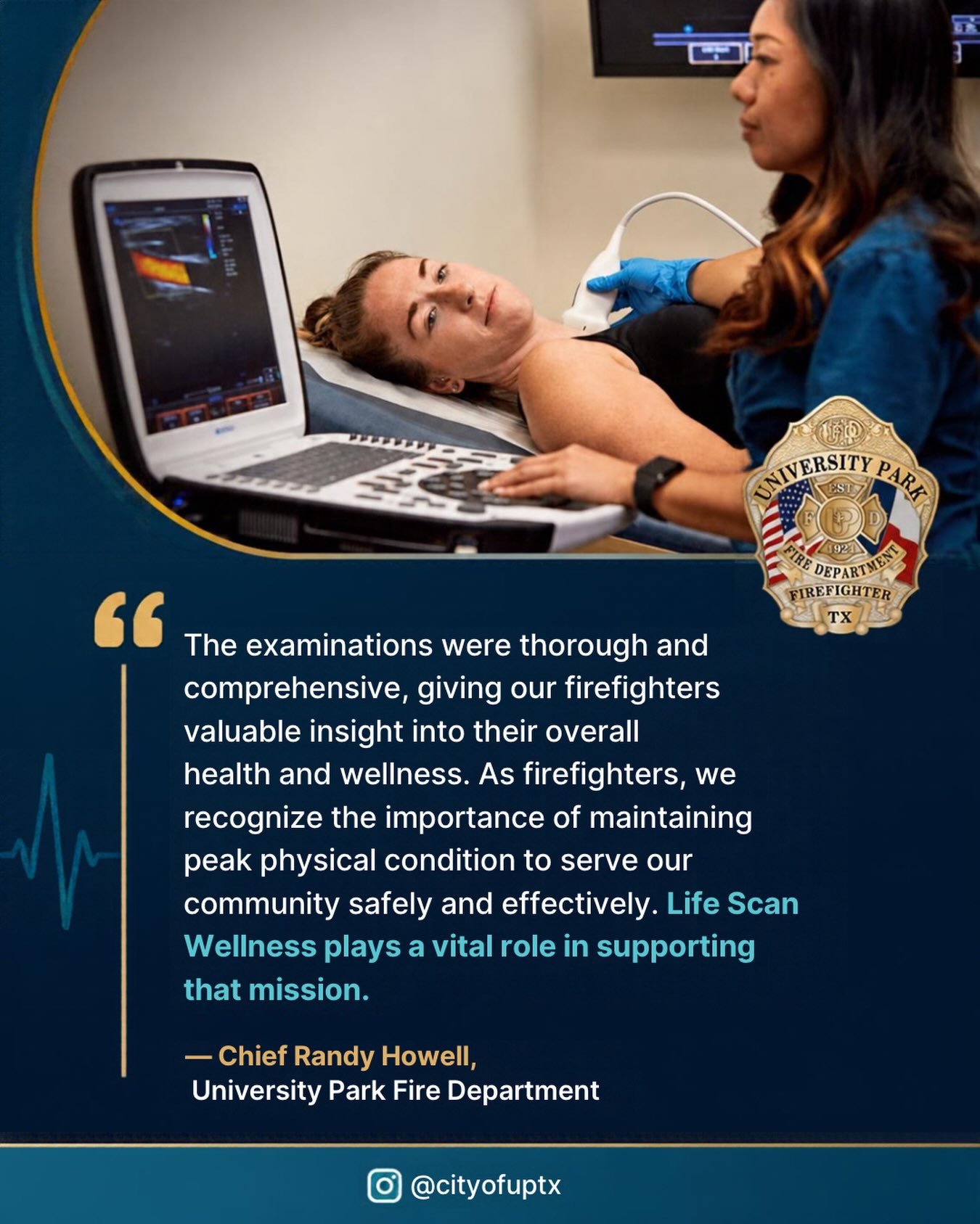 We’re honored to partner with departments that prioritize the long term health and wellness of their firefighters.
A huge thank you to University Park Fire Department and Fire Chief Randy Howell for trusting Life Scan Wellness with your annual physical and wellness evaluations. From comprehensive blood work and cardiac screening to fitness assessments and personalized health insights, our goal is to help first responders identify potential health concerns early and stay ready for the demands of the job.
Thank you for allowing our team to support those who dedicate their lives to protecting their community. 🚒❤️
#LifeScanWellness #FirefighterHealth #FirstResponderWellness #FireService #PreventiveHealth OccupationalHealth FirefighterFitness UniversityParkFireDepartment HealthyFirefighters WellnessMatters