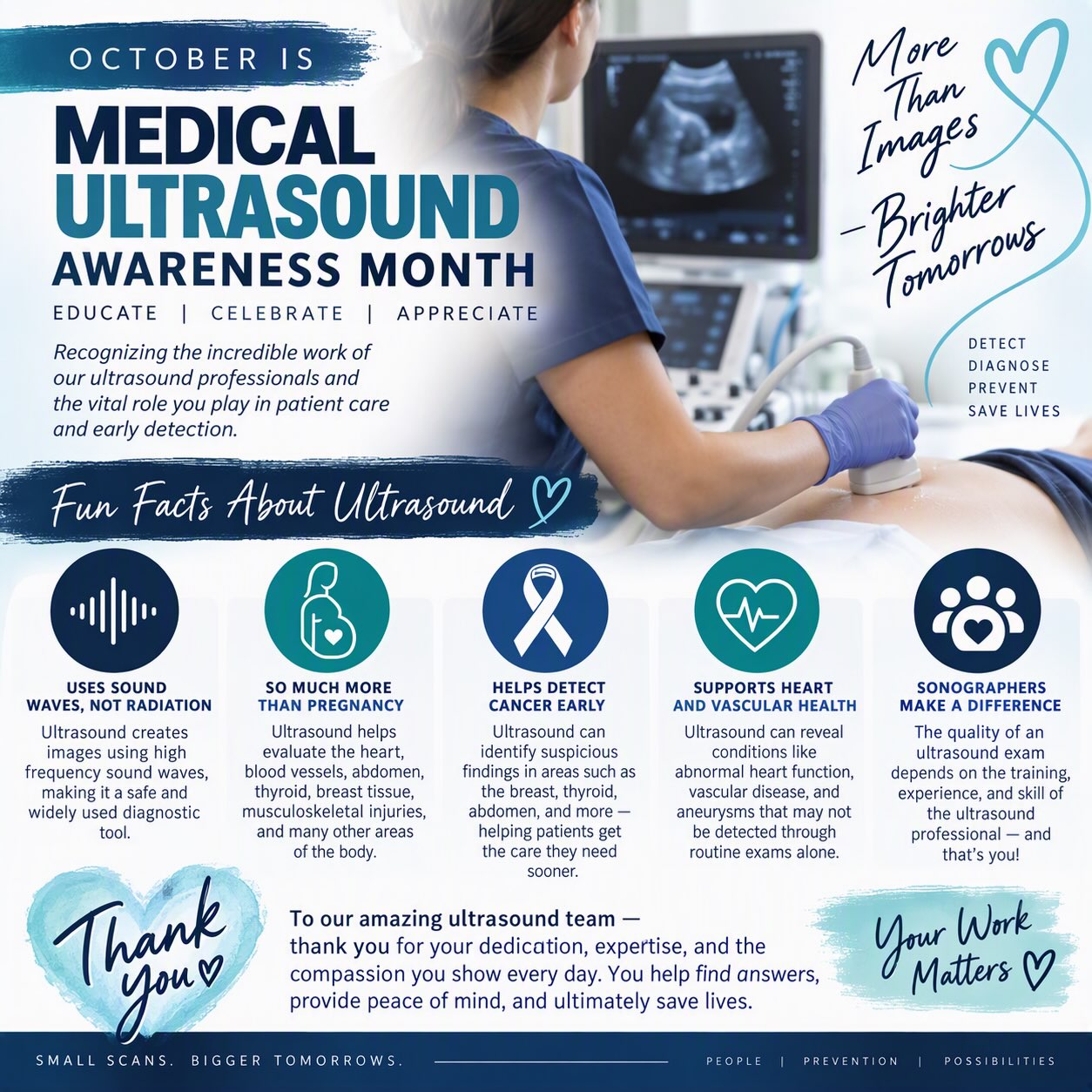 🎉 October is Medical Ultrasound Awareness Month! 🎉
Today we’re celebrating the incredible ultrasound professionals who help make early detection possible every day.
Ultrasound is far more than pregnancy imaging. It plays a critical role in detecting cancer, identifying cardiovascular disease, evaluating vascular health, and finding abnormalities before symptoms appear.
At Life Scan, our ultrasound team helps provide answers, peace of mind, and in many cases, lifesaving early detection for the firefighters, law enforcement officers, and public safety professionals we serve.
Thank you to our amazing sonographers for your expertise, dedication, and compassionate care. Your work truly makes a difference.
💙 Early Detection Saves Lives. 💙 Prevention Matters. 💙 Thank You, Ultrasound Professionals.
#MedicalUltrasoundAwarenessMonth #UltrasoundAwarenessMonth #SonographerAppreciation #EarlyDetection #CancerPrevention HeartHealth PreventiveMedicine PublicSafetyHealth LifeScanWellness SavingLives